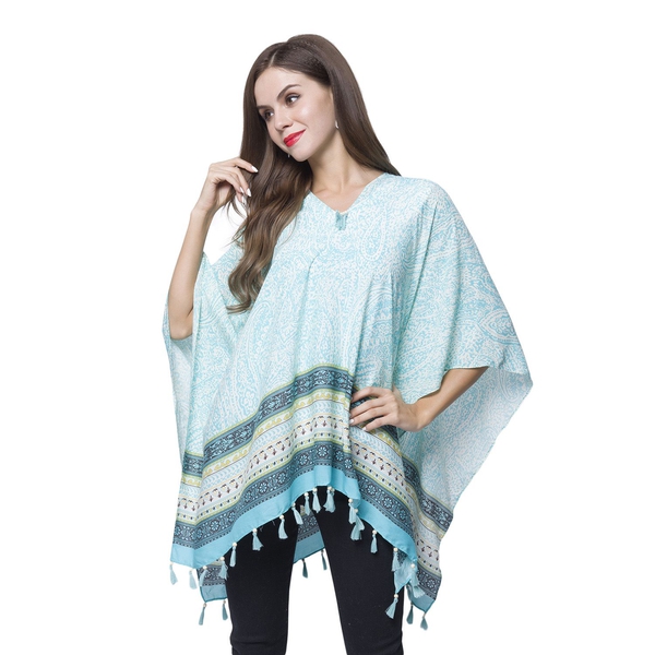 Turquoise, White and Multi Colour Bandana Pattern Poncho with Wooden Beads Adorned Tassels (Size 130X95 Cm)