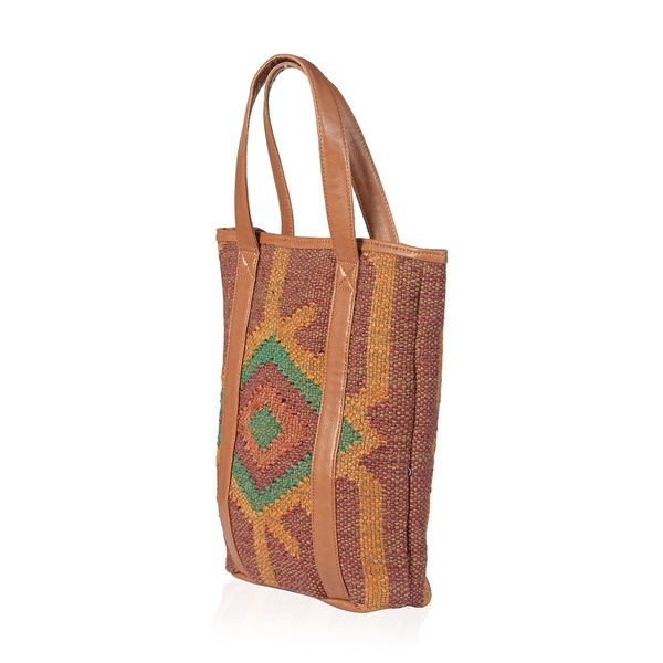 Green and Tan Colour Tote Bag Made with Kilim Rugs with an Internal Mobile Pocket (Size 40x29 Cm)