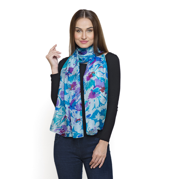SILK MARK- Made In Kashmir 100% Mulberry Silk Blue, Green and Multi Colour Abstract Pattern Scarf (S