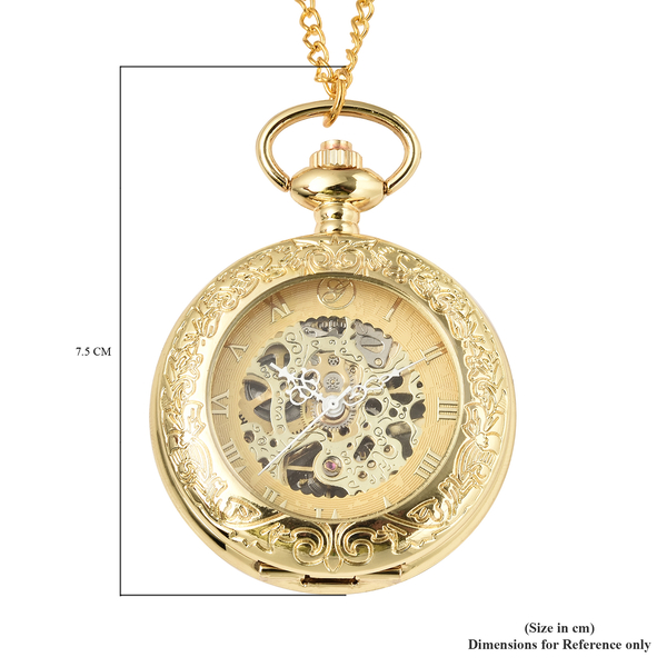 GENOA Automatic Mechanical Movement Skeleton Water Resistant Pocket Watch with Chain (Size 30) and Openable Case in Yellow Gold Tone