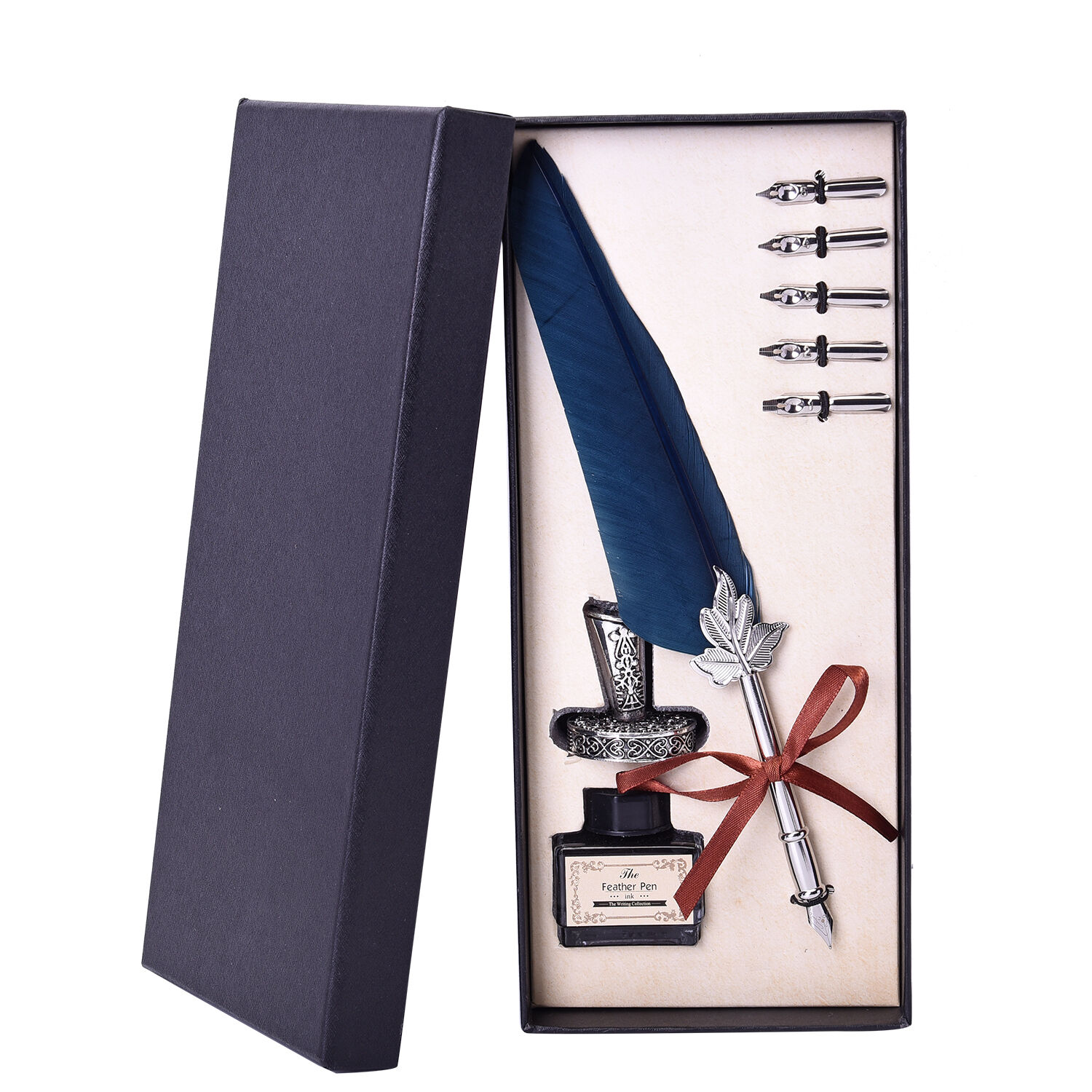 Set of Navy Feather Pen with Pen Stand, Black Ink (15ml) and 6-Different Nip Shapes in Silver Tone