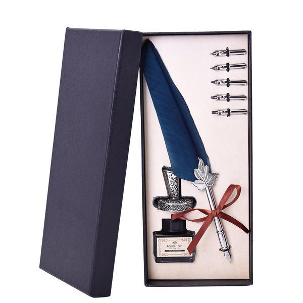 Set of Navy Feather Pen with Pen Stand, Black Ink (15ml) and 6-Different Nip Shapes in Silver Tone