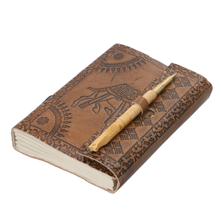Handcrafted Camel Embossed Leather Journal with Wooden Pen (18x13 cm)
