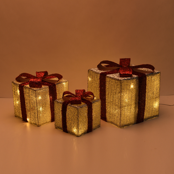 Set of 3 - 15,20,25cm Tall Lamp with Warm 40 LED Light - Red and Golden Ribbon
