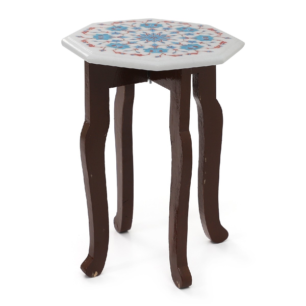 Marble Inlaid TableTop with Floral Inlay with Wooden Legs