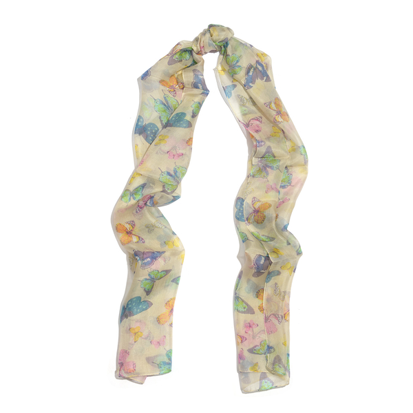 SILK MARK- Made in Kashmir 100% Silk Blue and Multi Colour Butterfly Pattern Honey Yellow Colour Scarf (Size 180x50 Cm)
