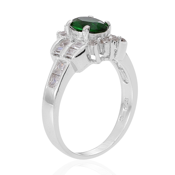 ELANZA AAA Simulated Emerald (Ovl), Simulated White Diamond Ring in Rhodium Plated Sterling Silver