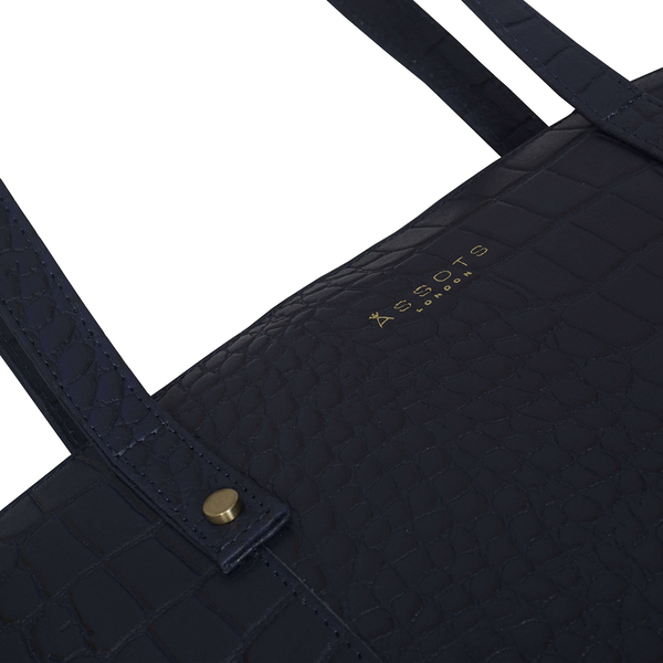 ASSOTS LONDON Melanie 100% Genuine Leather Croc Pattern Tote Bag with Handle Drop (Size 29x23x13 Cm) - Navy