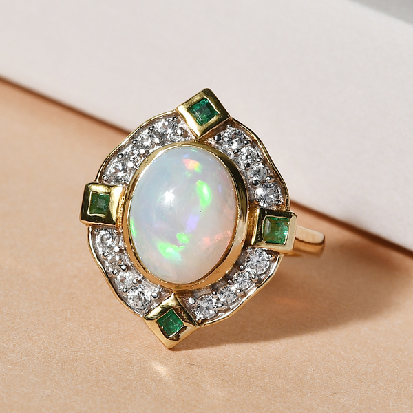 Ethiopian Welo Opal, Emerald and Natural Cambodian Zircon Ring in 14K Gold Overlay Sterling Silver 2.41 Ct.