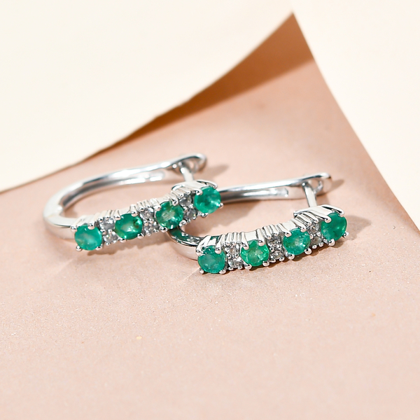 Premium Emerald and Natural Cambodian Zircon Hoop Earrings (With Clasp) in Platinum Overlay Sterling Silver
