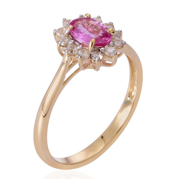 9K Yellow Gold 1.25 Carat Pink Sapphire Oval, Natural Cambodian White Zircon Ring.