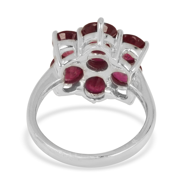 African Ruby (Rnd) 7 Stone Floral Ring in Rhodium Plated Sterling Silver 10.000 Ct.
