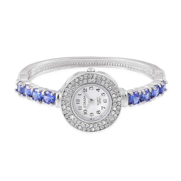 New Concept - STRADA Japanese Movement White Dial Bangle Watch in Silver Tone with White Austrian Crystal and Simulated Blue Colour Diamond. 9Size 7.5)