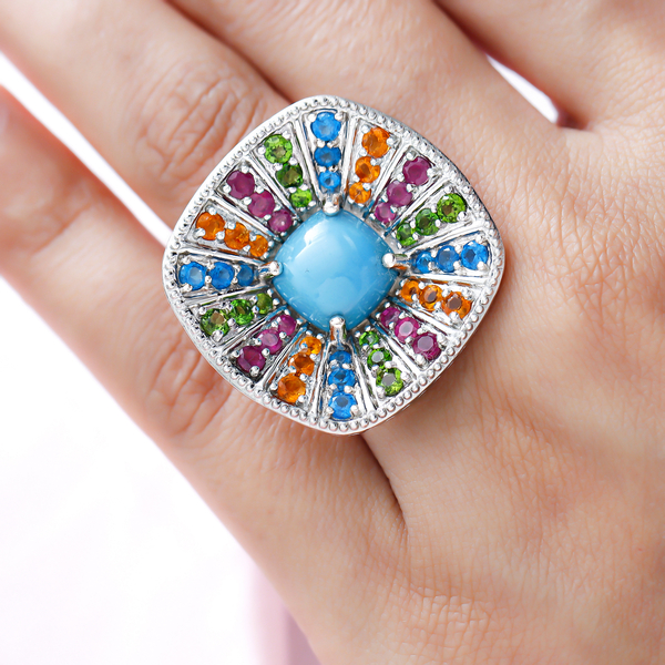 Arizona Sleeping Beauty Turquoise and Multi Gemstones Cluster Ring in Platinum Overlay Sterling Silver 8.03 Ct, Silver Wt. 9.00 Gms