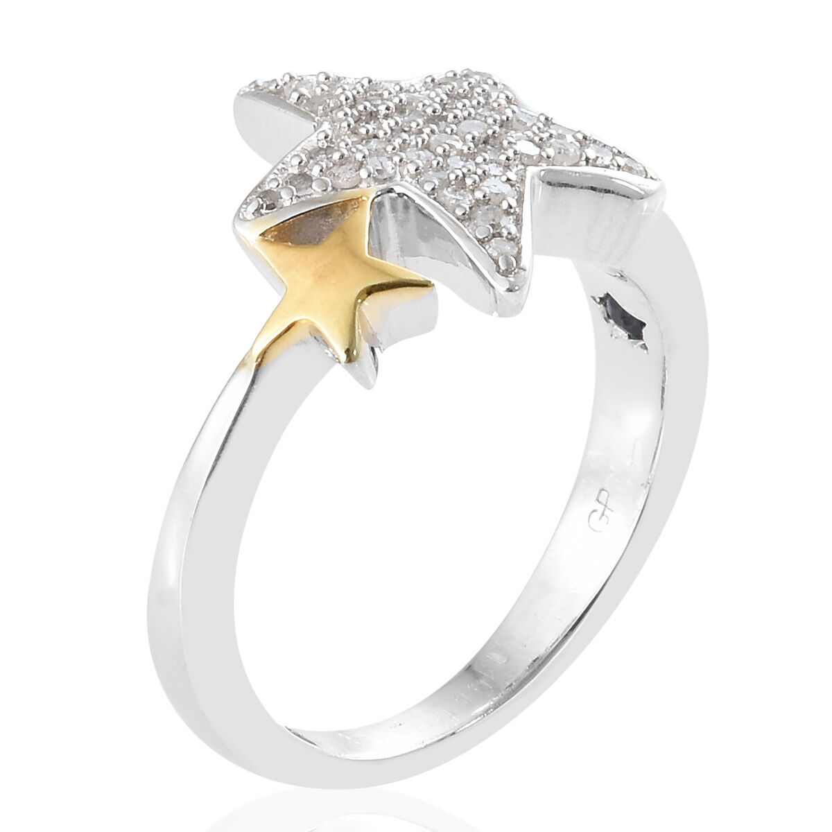 GP Diamond (Rnd), Kanchanaburi Blue Sapphire Star Ring in Platinum Overlay Sterling Silver  0.270 Ct.