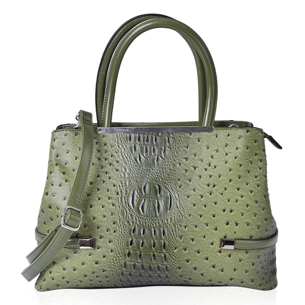 Designer Inspired-Olive Green and Black Colour Ostrich Embossed Tote Bag with External Zipper Pocket