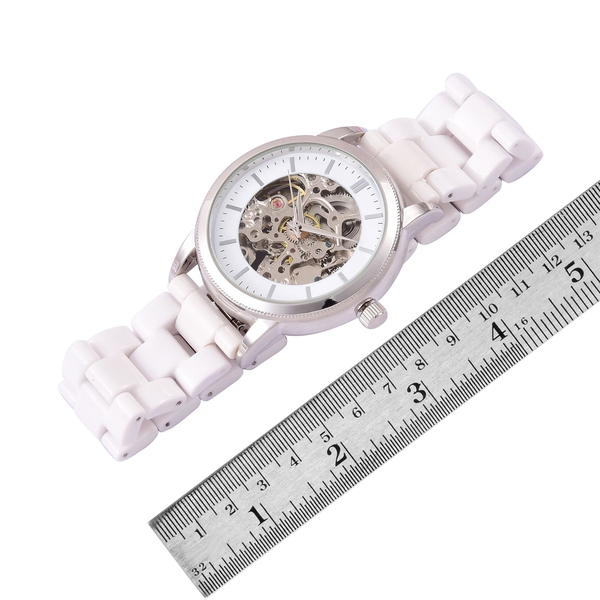 GENOA Skeleton Dial Automatic Water Resistant White Ceramic Watch in Silver Tone