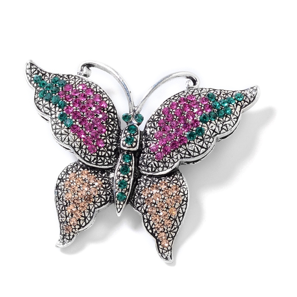 Multi Colour Austrian Crystal Butterfly Brooch in Silver Tone