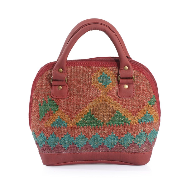 Maroon Colour Handbag Made of Kilim Rugs with an Internal Mobile Pocket (Size 33.5x23.5 Cm)