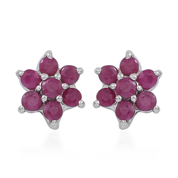 AAA Ruby (Rnd) Floral Stud Earrings (with Push Back) in Rhodium Plated Sterling Silver 1.250 Ct.