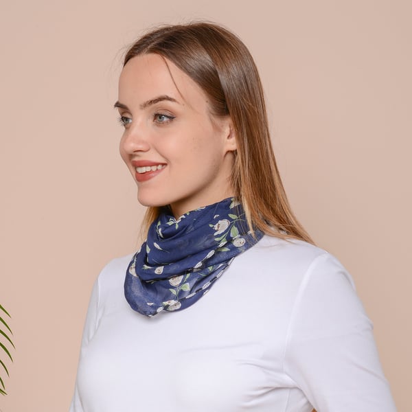 2 in 1 Flower Pattern Chiffon Soft Feel Scarf and Protective Face Covering (Size 45x45 Cm) - Navy & White