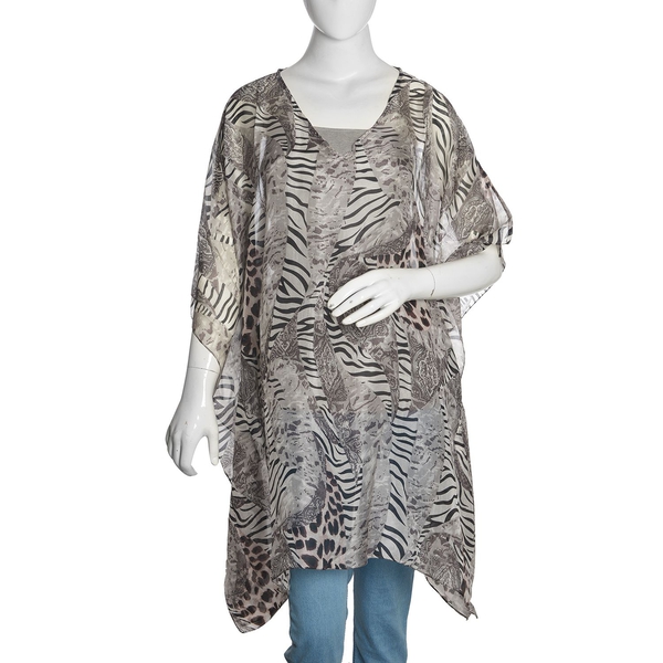 Brand New - 100% Mulberry Silk Black, Grey and White Colour Zebra and Leopard Printed Kaftan (Free S