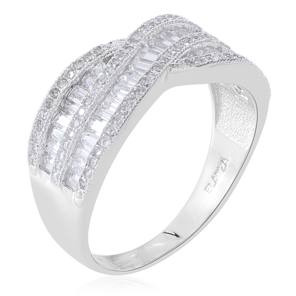 ELANZA AAA Simulated White Diamond (Bgt) Criss Cross Ring in Rhodium Plated Sterling Silver, Silver wt 5.00 Gms. Number of Simulated Diamonds 121