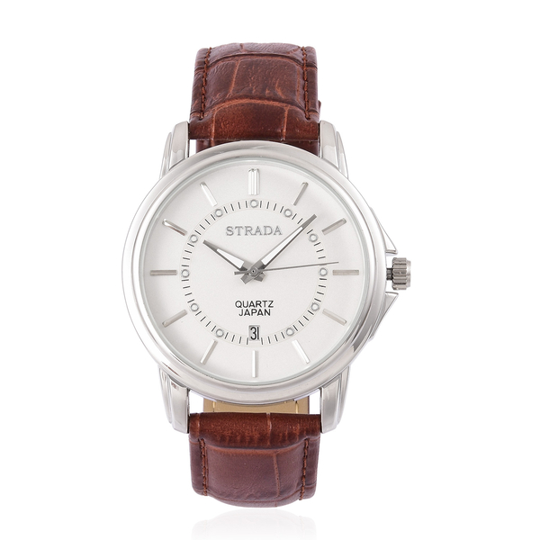 STRADA Japanese Movement White Dial Watch in Silver Tone with Stainless Steel Back and Chocolate Col