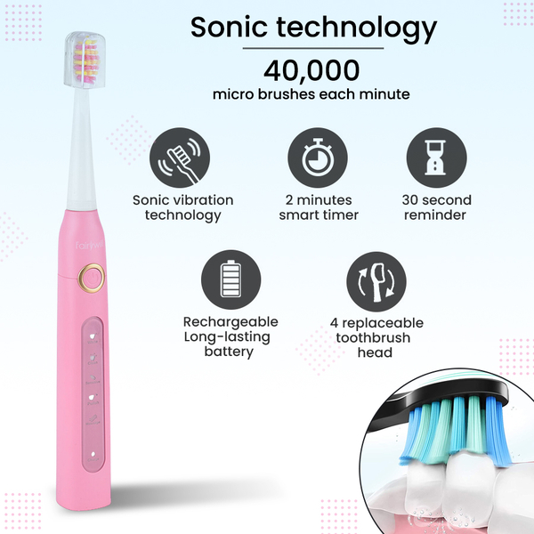 Set Of 2 - Sonic Electric Toothbrush with 8 Interchangeable Heads and USB Charging Cable (Size 23x3 Cm) - Black & Pink