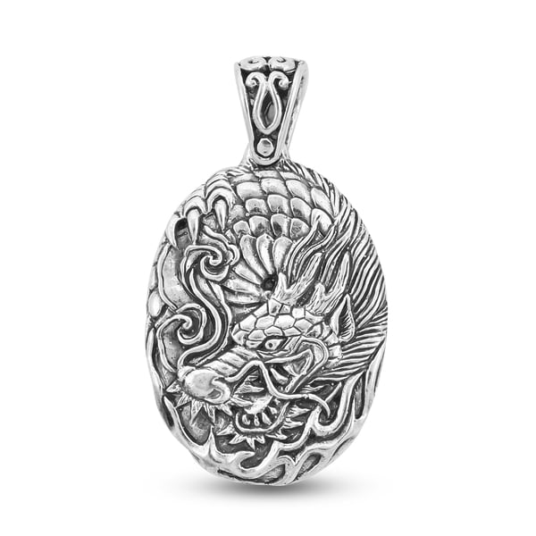 Royal Bali Collection - OX Bone Dragon Carved Reversible Pendant in Sterling Silver, Silver wt 6.00 Gms