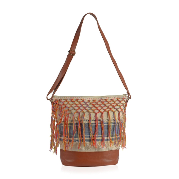 Blue, Off White and Chocolate Colour Cotton Bucket Bag with Multi Colour Tassel and Adjustable Shoulder Strap (Size 35x35x16 Cm)
