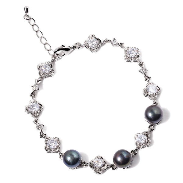 Fresh Water Peacock Pearl and Simulated White Diamond Bracelet (Size 9 with Extender) in Silver Tone