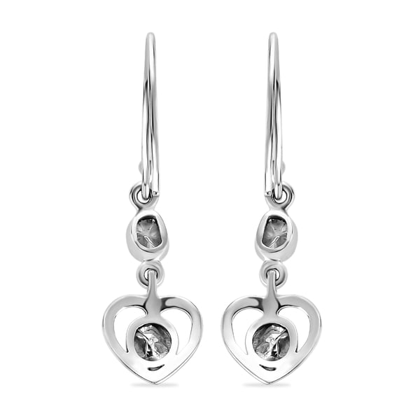 Artisan Crafted Polki Diamond Heart Earrings (With Hook) in Platinum Overlay Sterling Silver 0.32 Ct.