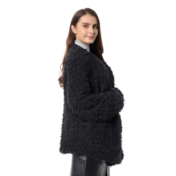 Faux Fur Long Sleeve Short Coat in Black Colour
