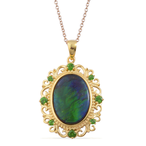 Canadian Ammolite (Ovl 6.00 Ct), Chrome Diopside Pendant With Chain in Yellow Gold Overlay Sterling 