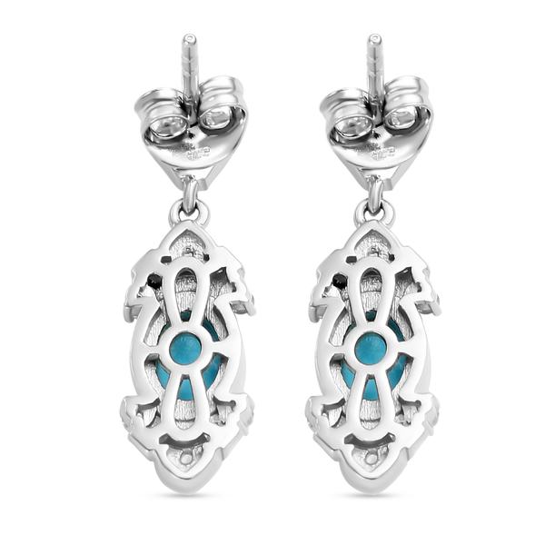 Arizona Sleeping Beauty Turquoise and Natural Cambodian Zircon Dangling Earrings ( With Push Back) in Platinum Overlay Sterling Silver 1.86 Ct.