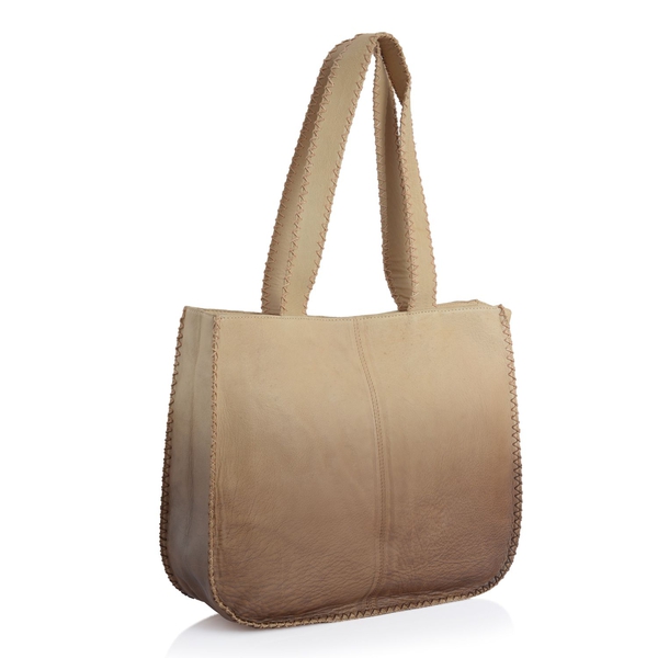City Classic Genuine Leather Beige Ombre Effects Tote with Thread Stitching at the Edges (Size 40x35x11 Cm)