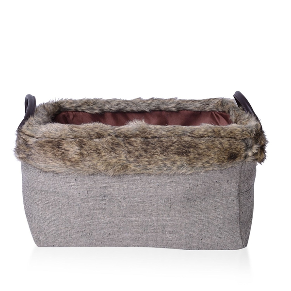 Set of 2 - 70% Cotton Dark Grey Colour Multi Purpose Faux Fur Basket with Faux Leather Handles (Size Small 36X26X20 Cm and Large 40X30X22 Cm)
