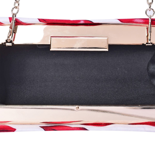 Designer Inspired Red Colour Lips Pattern White Colour Clutch Bag with Removable Chain Strap (Size 20x14x4 Cm)