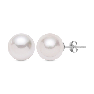 White Shell Pearl Stud Earrings (with Push Back) in Rhodium Overlay Sterling Silver