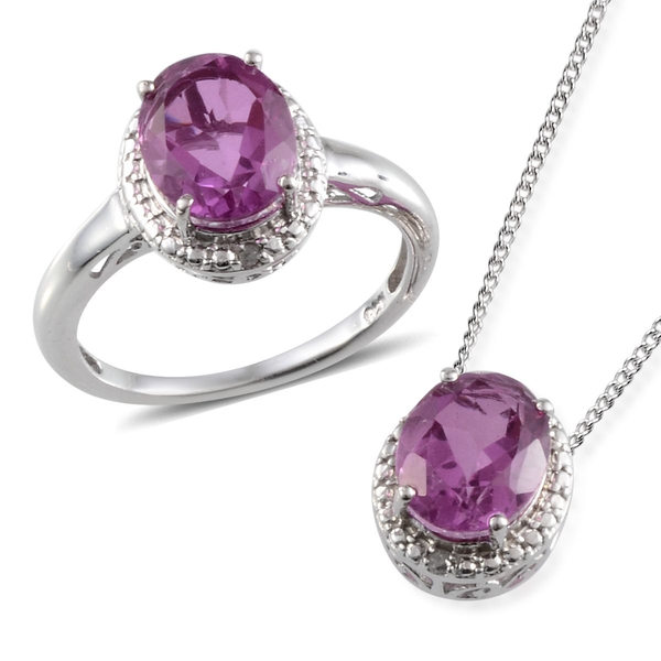 Kunzite Colour Quartz (Ovl), Diamond Ring and Pendant with Chain in Platinum Overlay Sterling Silver