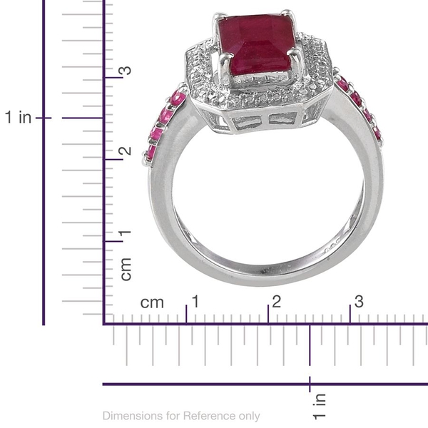 African Ruby (Oct 4.00 Ct), Diamond Ring in Platinum Overlay Sterling Silver 4.260 Ct.