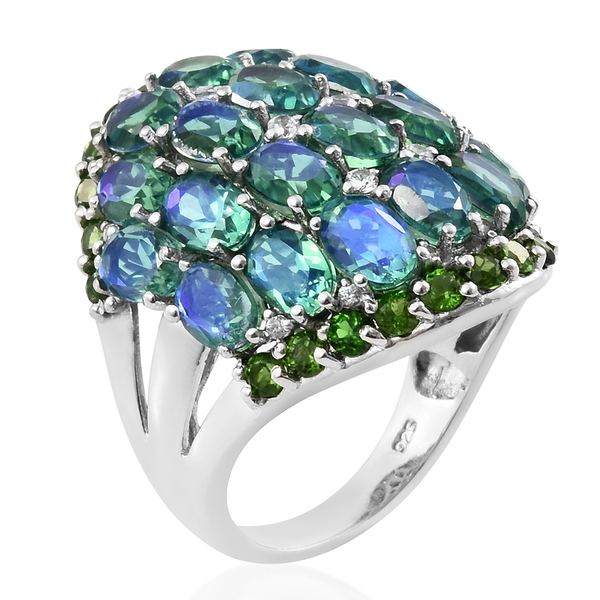 Peacock Quartz (Ovl), Chrome Diopside and Natural Cambodian Zircon Cluster Ring in Platinum Overlay Sterling Silver 15.000 Ct. Silver wt 7.80 Gms.