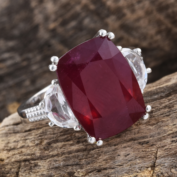 Limited Edition- Cocktail Collection- Very Rare Size AAA African Ruby (Cush 16.00 Ct), Rare D- Cut White Topaz Ring in Platinum Overlay Sterling Silver 17.500 Ct.