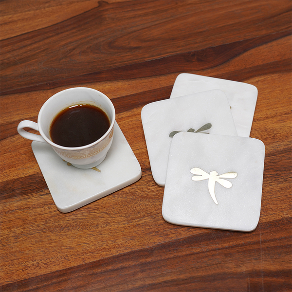 NAKKASHI - Set of 4 - Square Marble Coasters with Brass Inlay (Size 10 cm)