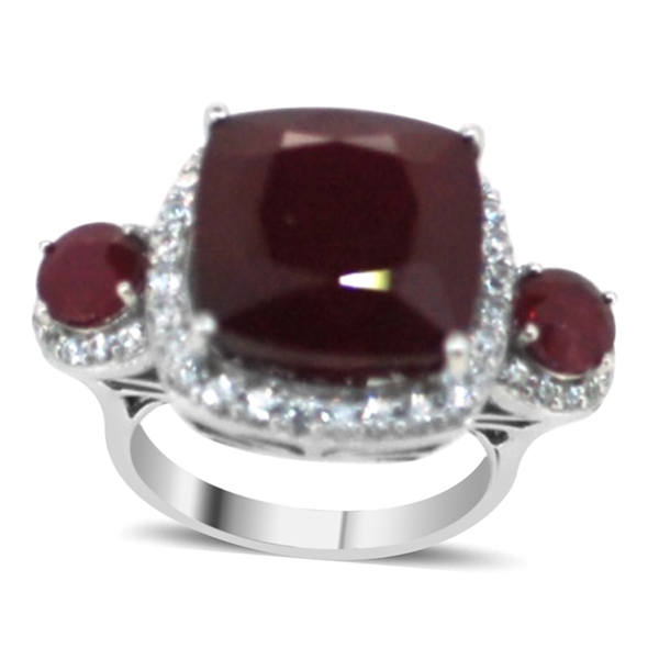 African Ruby (Cush 24.50 Ct), Natural Cambodian White Zircon Ring in Rhodium Plated Sterling Silver 