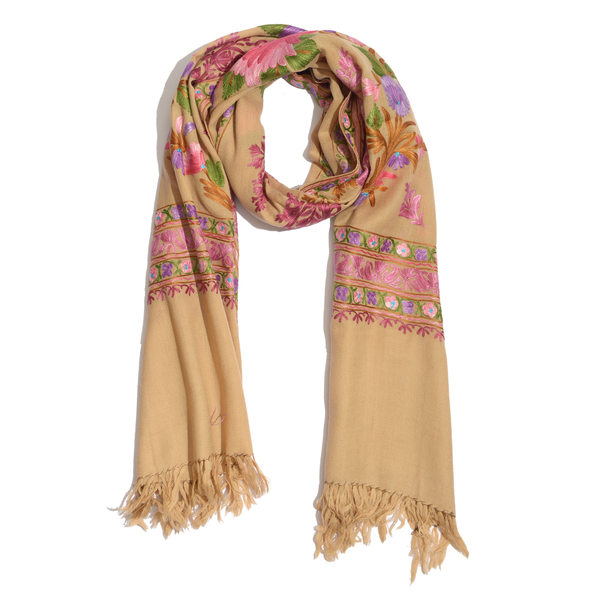 100% Merino Wool Multi Colour Flowers and Leaves Embroidered Peach Colour Scarf (Size 190x70 Cm)