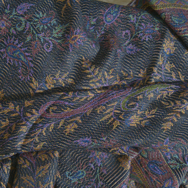 Black, Pink and Multi Colour Paisley and Floral Pattern Jacquard Scarf with Tassels (Size 180X70 Cm)