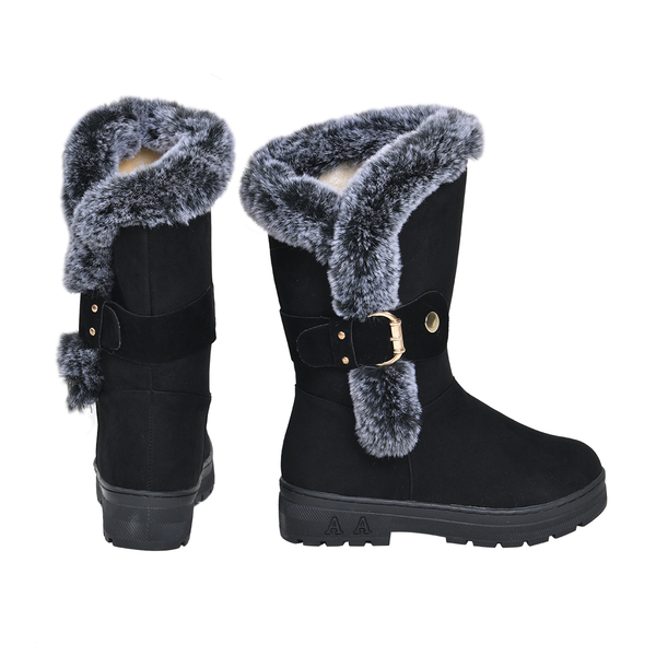 Faux Fur Winter Boots with Buckle (Size 6) - Black