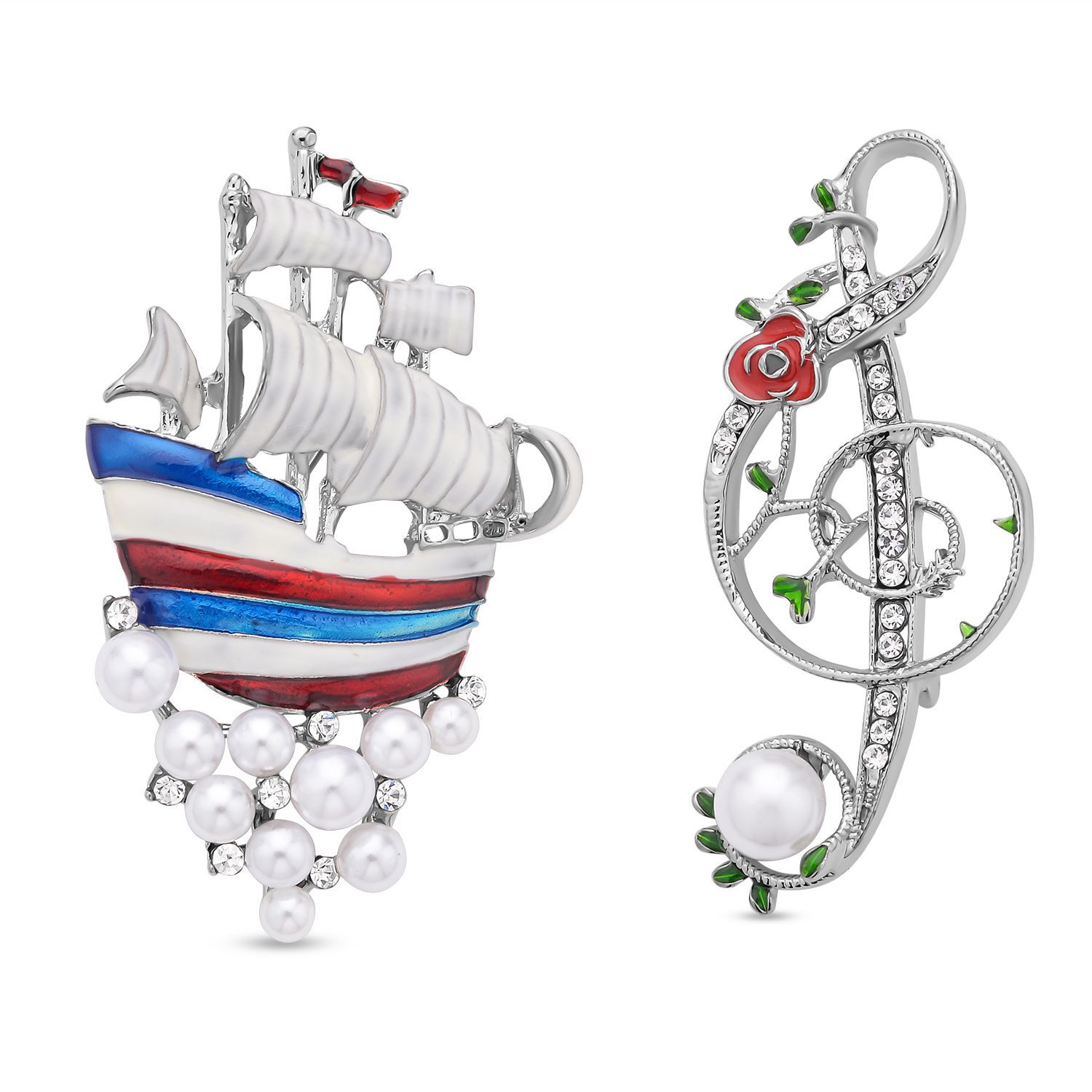 Set of 2 - Simulated Pearl and White Austrian Crystal Musical Note & Sailboat Brooch With Enamelling